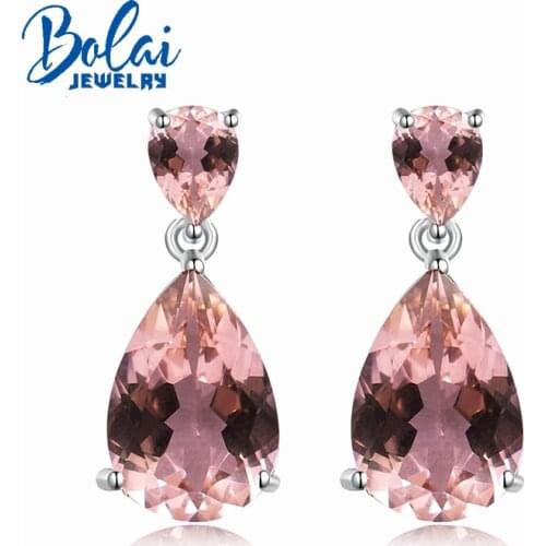 Bolaijewelry,Created Morganite nano 12.7ct pear shape earring 925 sterling silver shinning jewelry for girls