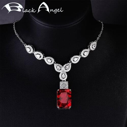 BLACK ANGEL 925 Sterling Silver Romantic Water Drop White Gemstone Square Ruby Pendant Necklace for Women Jewelry Wedding Gift