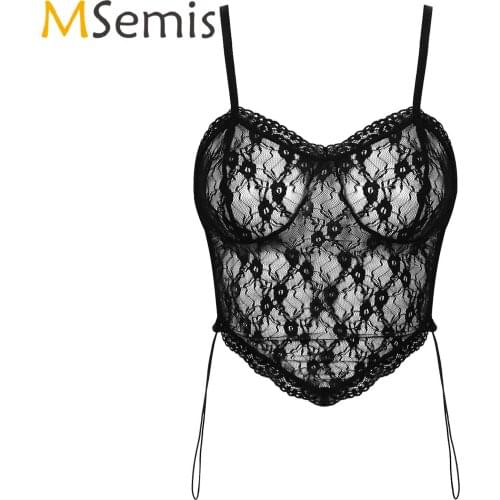 Erotic Sexy Tank Top Womens Lingerie Lace Camisole Drawstring Floral Lace Adjustable Spaghetti Strap See-through Mesh Crop Top
