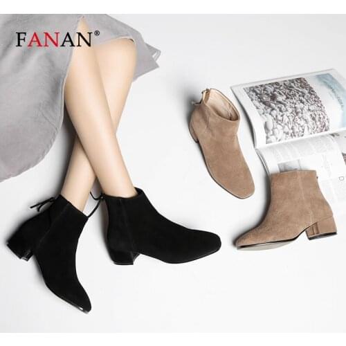 FANAN Ankle Boots Women Top Quality Cow Suede Zip Autumn Fashion Ladies Genuine Leather Shoes Handmade Med Heel Shoes Woman