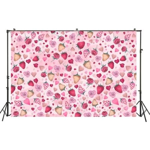 Watercolor Painting Strawberry Roses Patterns Backdrop Pink Background Party mothers Day Banner Baby Kid Photography Portrait