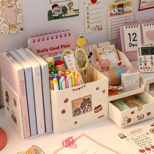 Kawaii Multifunctional Desktop Stationery Storage Box INS Large Capacity Pen Holder Cosmetic Case Bookend Room Decoration