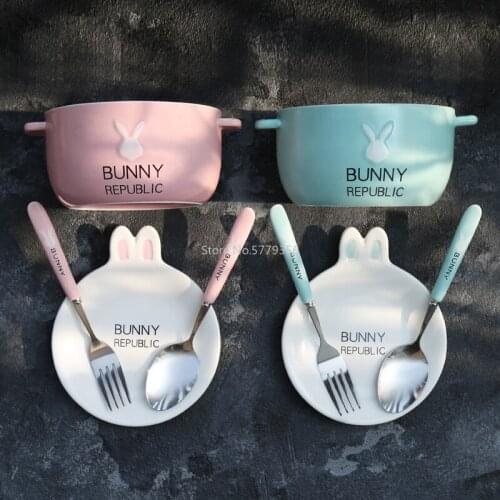 Ceramics Double-layer Ramen Noodles Bowl Anti-scalding Instant Noodle Bowl Cute Bunny with Lid and Spoon Chopsticks Tableware