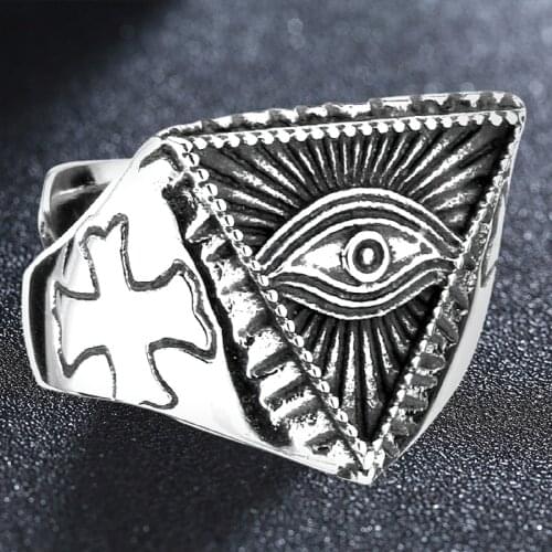 Stainless Steel Illuminati Pyramid Eye Symbol Biker Ring Silver Color Freemason Triangle-Masonic Rings Jewelry