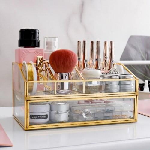Brass Glass Box For Nail Tools Cosmetic Storage Desktop Organizer Dressing Table Accessories Holder Nail Gel Polish Showing Shel