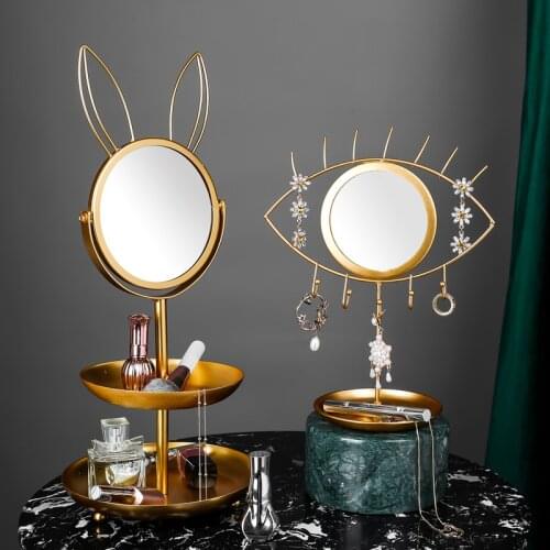 Creative Eye / Rabbit Shape Makeup Mirror Nordic Mirror Tray Earring Rack Gold Trim Decorative Jewelry Hook Storage TJJ