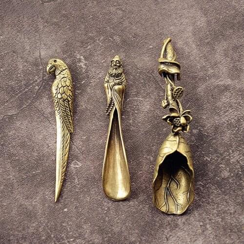 Creative Brass Copper Tea Spoons Sugar Shovel Lotus Root Tea Scoop Spatula Gold Coffee Spoon TeaWare Ice Cream Kitchen Tool