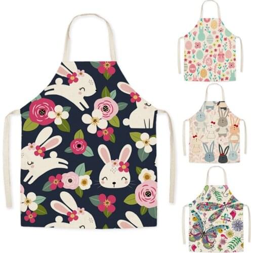 Kitchen Apron Rabbit Flowers Printed Sleeveless Cotton Linen Aprons for Butterfly Pineapple Doughnut Women Home Cleaning Tools