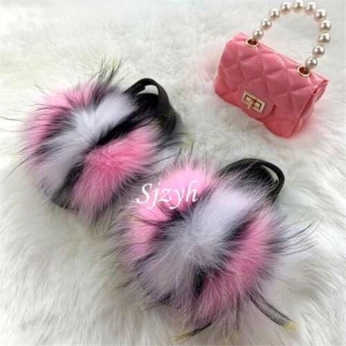 Summer Childrens Jelly Bags Girl Luxury Fluffy Fur Slippers Kids Rainbow Bag Shoes Sets Furyy Slides Baby Handbag Plush Sandals