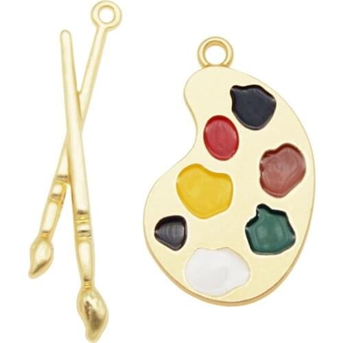 Julie Wang 4PCS Enamel Painting Set Charms Alloy Mixed Color Palette Paintbrush Pendants Bracelet Jewelry Making Accessory