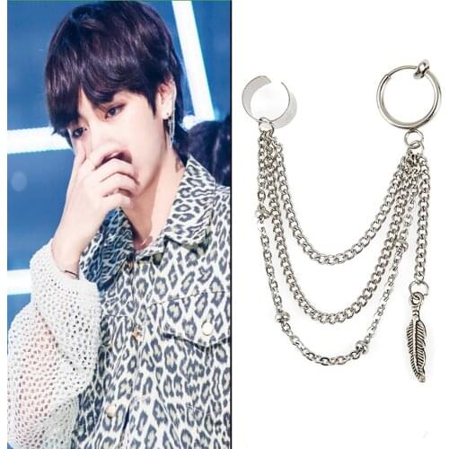 Kpop New Men Punk Tassel Multi-layer Chain Drop Earrings Bangtan Boys V Leaf Cross Geometric Chic Metal Bar Pendant Party Bijoux