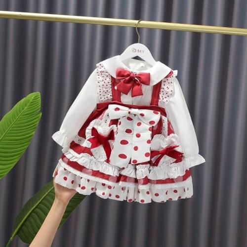 Girls Clothes Spanish Style Princess Dress Red Color Pulka Dot Doll Collar With Bow Tie 2 Pieces Sets Kids Costume