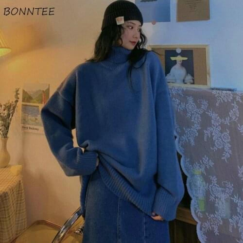 Pullovers Womens Winter Solid Turtleneck Loose Thicken Drop Shoulder Long Sweaters Lazy Vintage Leisure Chic Korean Knitted New