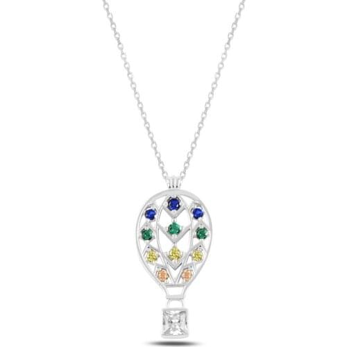 Silver 925 Sterling Hot Air Balloon Colorful Zircon Stone Necklace