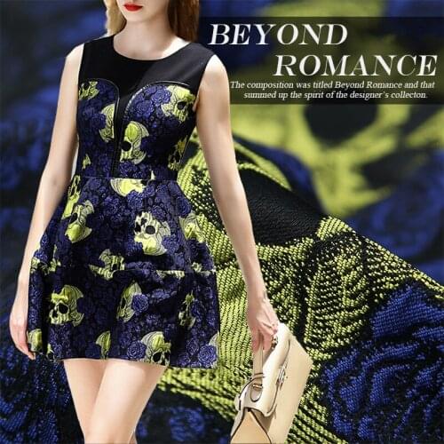 SASKIA 1Meter Skull Brocade Jacquard Fabric Yarn Dye Polyester Material Sew Women Dress Coat Cloth Patchwork Zakka Fabrics Blue