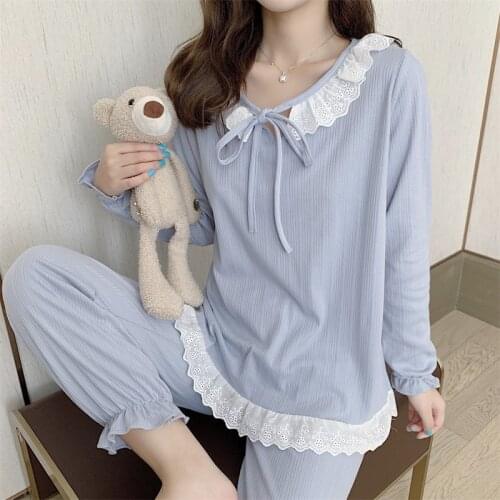 Spring Autumn Sweet Palace Princess Style Cotton Pajamas Womens Long-Sleeve Sleepwear Ladies Two-Piece Suit Loose Home Clothes