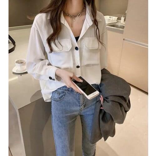 Bella Philosophy 2020 Women Spring Elegant Casual Long Sleeve Shirt Lady Turn Down Collar Pockets Blouse Female Casual Tops