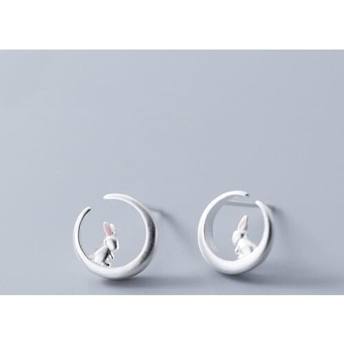 MloveAcc Romantic 925 Sterling Silver Stud Earrings for Women Lovely Rabbit Sitting on Moon sterling-silver-jewelry