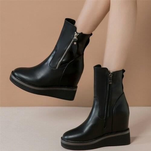 New Platform Oxfords Women Genuine Leather Wedges High Heel Riding Boots Female High Top Round Toe Fashion Sneakers Casual Shoes