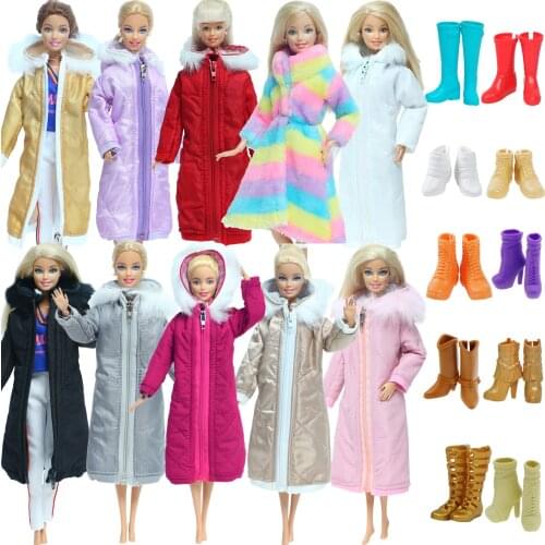 Winter Doll Outfit Handmade Mixed Color Dress Cotton Clothes for Barbie Doll Daily Casual Wear + Boots Shoes Doll Accessories