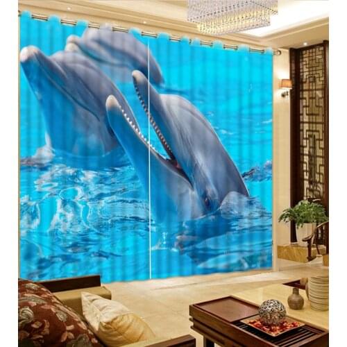 Print 3D Blackout Curtains For Living Room Bedding Room Drapes Cortinas Para Sala Dolphin Waves Blue