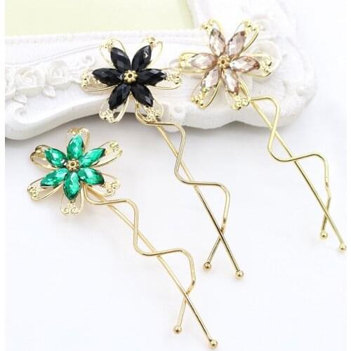 6 Colors Clear Rhinestone Flower Golden Metallic Hair Clips and Pins Fashion Hair Jewelry for Women