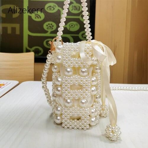 Hollow Out Pearl Bags For Women 2020 New Elegant Hand Woven Beaded Clutch Purses And Handbags Female Small Bucket Shoulder Bags