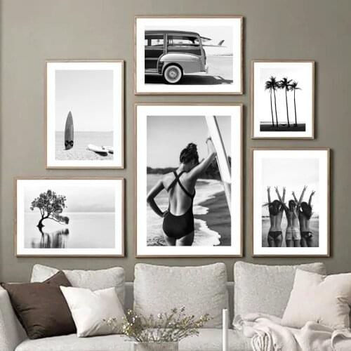 Black White Beach Surf Girl coconut Tree Car Van Nordic Poster Wall Art Prints Canvas Painting Decor Pictures For Living Room