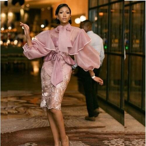 Duaty Pink Arabic Aso Ebi Stylish Mermaid Prom Dresses Knee Length Vintage Formal Evening Dress Long Sleeves Lace And Organza