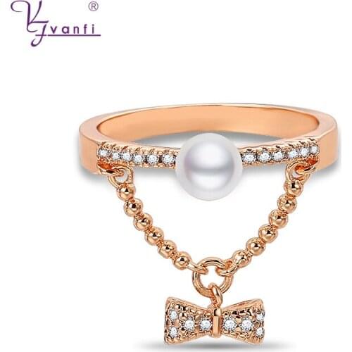 Kfvanfi New Design Korean Rose Gold Color Serie Bowknot Pendant Simulation Pearl Cubic Zirconia Ring Gifts For Women Girls