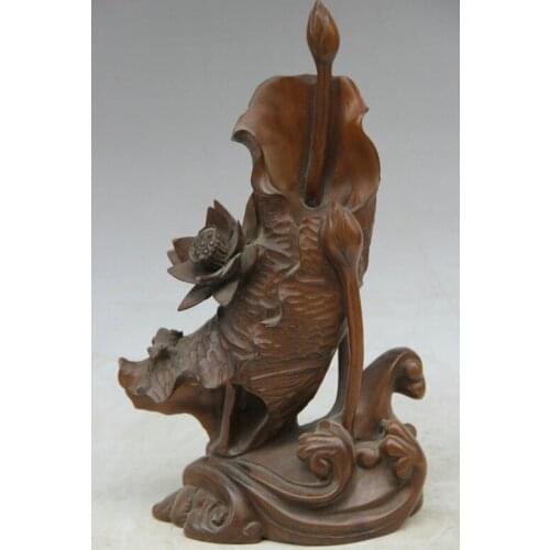 Collectible bronze S2086 11" Chinese boxwood Folk animal Beast lotus flower leaf Brush Pot pencil vase