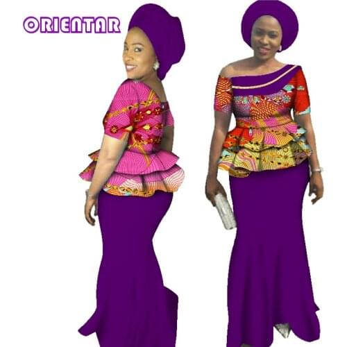 2 Pieces Women African Skirts Set Fashion Slash Neck Short Sleeve Shirt and Long Skirts Lady Bazin Riche African Clothes WY2830