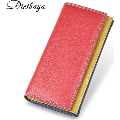 DICIHAYA Women Genuine Leather Wallets Cowhide Leather Purse Match Colors Wallet Female Long Clutch Card Holder Free shipping