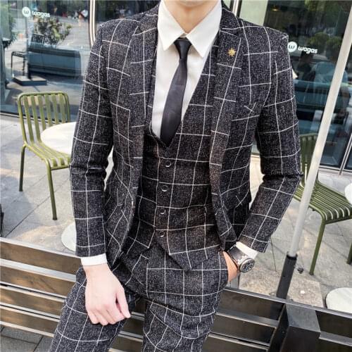 Wedding Dress For Man Suits Slim Fit Plaid Suits New Man Jackets+Pants 2 pieces High Quality Men Smart Casual Suits Blazer
