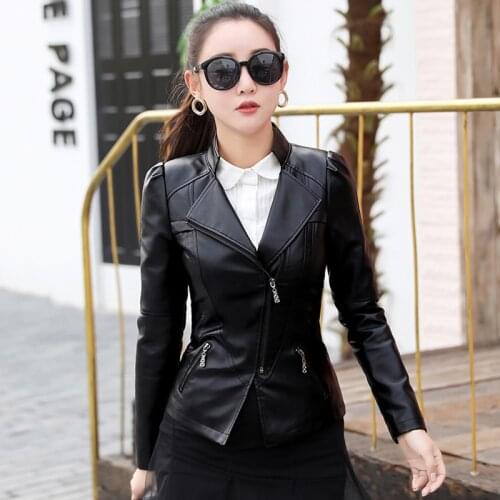 Womens Jackets Coats Brand Large Sizes Faux Leather PU Moto Biker Lady England Office Zippers Short Outerwear Black