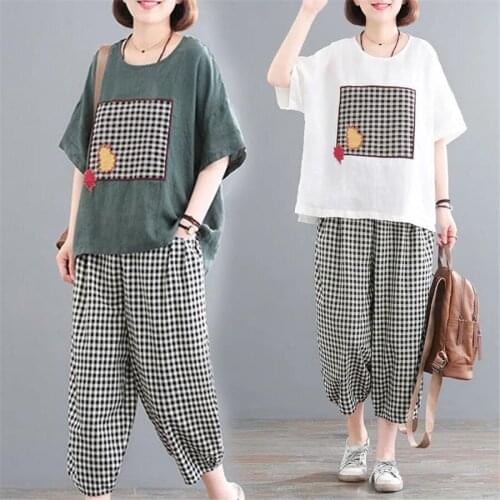 2021 Summer 2 Piece Sets Womens Outfits Ladies Top Plus Size and palid Pants Suits Cotton and Linen Tracksuit Clothing