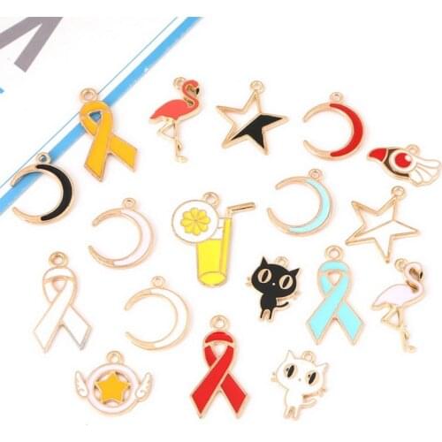 Cute Colour Pendant Ribbon Crescent Star Cat Flamingo Birds Lemonade Enamel Charm Pendant for DIY Craft Jewelry Findings Making