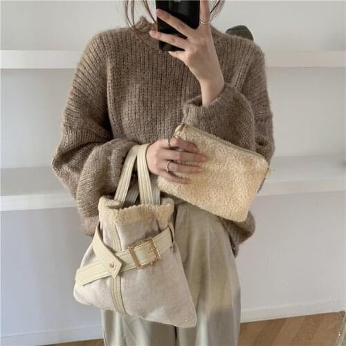 Fashion Soft Plush Women Bucket Shoulder Bags Winter Lamb Wool Ladies Purse Handbags Female Stitching Small Tote Crossbody Bag
