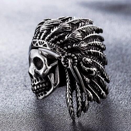 Gold Silver Color American Native Skull Ring Mens Tribe Warrior Stainless Steel Skull Biker Rings Male Punk Gothic Jewelry
