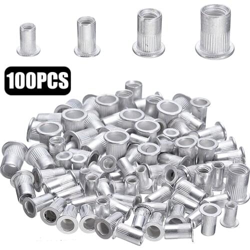 100pcs Steel Aluminum Rivet Nuts Kit Threaded Rivet Nut Inserts Rivnut Nutsert M4 M5 M6 M8 Mixed Kit Set Repairing Tools
