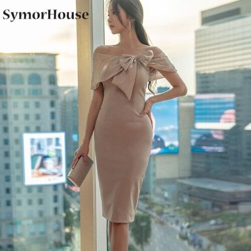 2021 New Sexy Party Dress Elegant Slash Neck Bow Ruffle Bodycon Night Club Pencil Dresses Summer Autumn