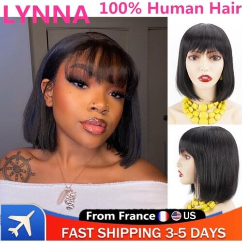 2021 Short Bob Wig With Bangs Straight Brazilian Hair Wigs For Women Human Hair Glueless Full Machine Made Cheap Human Hair Wigs