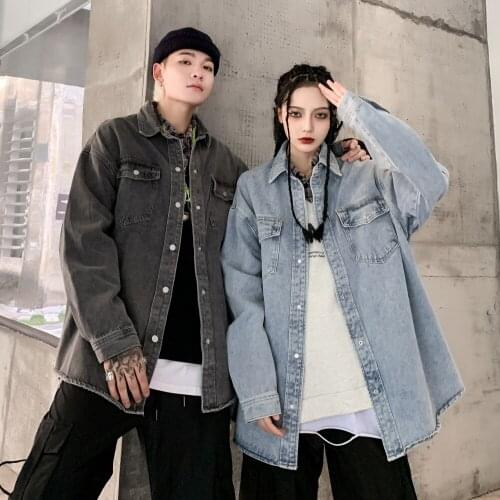 Couple Denim Jacket Loose Blouse Coat Men Cowboy Outerwear High Street Thin Autumn Casual Turn Down Collar Cotton High Quality