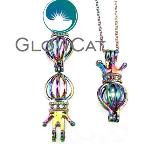 R-C228 Rainbow Color Crown Beads Cage Pendant Aromatherapy Perfume Diffuser Pearl Cage Locket Necklace