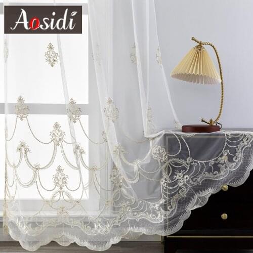 Luxury Embroidered Folra White Sheer Curtains For Living Room Window Screen Lace Voile Tulle Bedroom Curtain Decor Bead Drapes