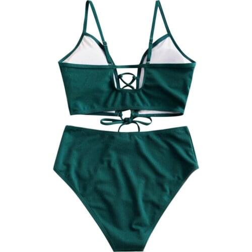 Sexy Bikini Set Two Piece Lace-Up Floral Leaf Tankini Swimsuit Ladies Split Print Knotted Lace Up Vest Swimsuit Bikini Z0323