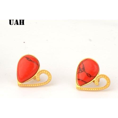 UAH Heart Stud Earring Red Stone Stainless steel Earrings For Women jewelry Pendientes Mujer