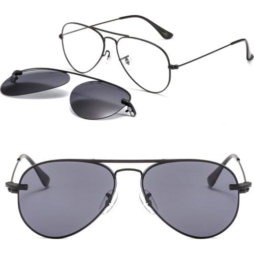 Metal clip on sunglasses 3042 pilot shape trendy prescription glasses with megnatic clip on removable polarized sunglasses lens