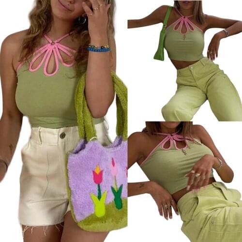 Women Halter Crop Cami Tops, Sexy Sleeveless Ring Front Hollow Out Color Block Camisole