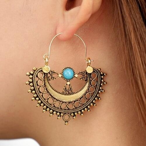 Tocona Vintage Boho Metal Alloy Green Stone Half Circle Drop Dangle Earring For Women Tribe Flower Rhinestone Jewelry 6912